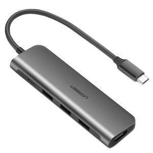 Adapter UGREEN 5w1 USB-C do HDMI 4K, 3x USB 3.0, Typ-C (szary)