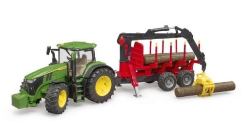 Traktor John Deere 7R 350 z przyczepą wraz z żurawiem i 4 balami drzewa 03154 BRUDER