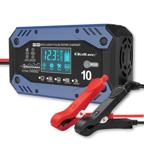 Ładowarka inteligentna Qoltec do akumulatora STD AGM GEL LiFePO4 | Prostownik z funkcją naprawy | 12-24V | 10A | LCD | 9-stopniowe ładowanie