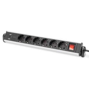 Listwa zasilająca DIGITUS biurowa 45 6 gniazdowa 2xUSB-A 1xUSB-C (5V/3,4A) obrót 180 aluminiowa, z zaciskiem na blat