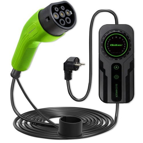 Qoltec Mobilna ładowarka do samochodu elektrycznego EV z regulacją 2w1 Typ2 | SCHUKO | 3.5kW | 230V | LCD | Przenośna | Wallbox | 5m