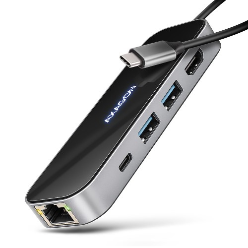 AXAGON HMC-6GLN Hub USB, 2x USB-A, 1x USB-C, 1x HDMI 2.0, 1x RJ45, 100 W PD – srebrny