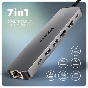 AXAGON HMC-7HX2 Hub USB, 2x USB-A, 1x USB-C, 2x HDMI 2.0, 1x RJ45, 100 W PD – srebrny