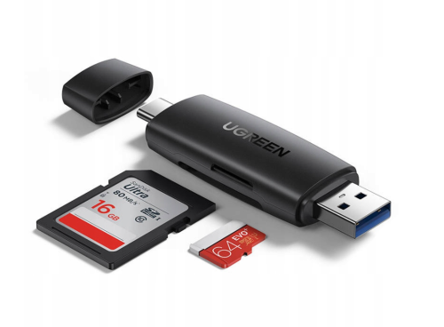 Adapter USB + USB-C UGREEN CM304 czytnik kart SD + microSD (czarny) 80191B