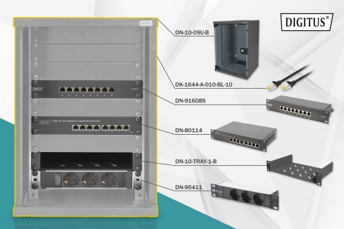 Zestaw sieciowy 10 cali: szafa wisząca 9U, półka, listwa zasilająca, 8-port switch, panel kat.6, czarny