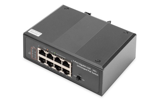 Switch przemysłowy 7-portowy Gigabit PoE+ z 1x PD, IEEE802.3af/at, DIN rail, rozszerzony zakres temp.