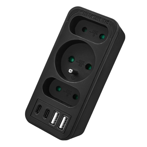 Gniazdko prądowe x3 + 4xUSB Maclean MCE248 F/B, rozgałęźnik z 3 gniazdami, 2xUSB A, 2xUSB C PD 20W, 1x16A + 2x6A