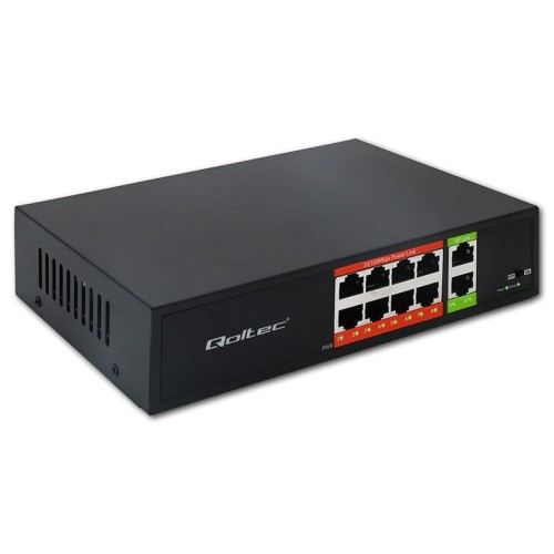 Switch niezarządzalny Qoltec przełącznik sieciowy Fast Ethernet PoE | 8x RJ45 | 2x RJ45 Uplink | 120W | 10/100Mb/s