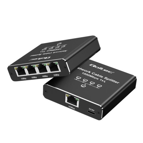 Switch niezarządzalny Qoltec mini rozdzielacz splitter 1x4 port RJ45 | 1000Mb/s | USB-C | Aluminium