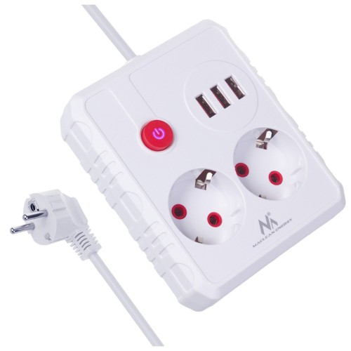 MACLEAN LISTWA ZASILAJĄCA, PRZEDŁUŻACZ 2 GNIAZDA + 3XUSB, 110-240V AC 50/60HZ, 2.1A MAX 2500W, 3 M, BIAŁA MCE388 W