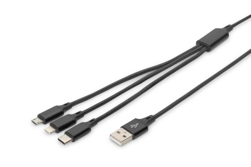Kabel USB 2.0 DIGITUS 3w1 Typ USB C + Lightning + microUSB B/ USB A M/M 10W nylon czarny 1m