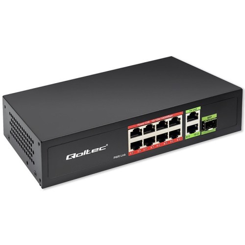 Qoltec Przełącznik sieciowy SWITCH FAST Ethernet PoE 8x RJ45 PoE 2x RJ45 Uplink 1x SFP | 120W | 1000 Mb/s